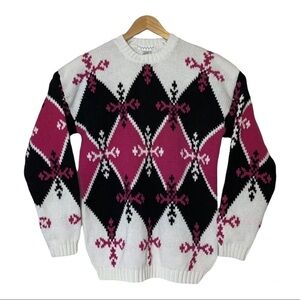Picone Sport Womens Crew Neck‎ Sweater Size M White Pink Black Argyle Cotton VTG
